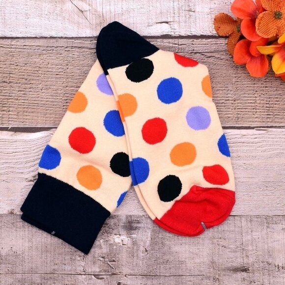 Miley Splash Womens Polka Dot Socks Colorful Dots on Cream Black Heel Red Toe - Picture 1 of 10